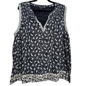 Lucky Brand, Size 3X, Navy Floral Paisley Sleeveless Top, Embroidered, EUC